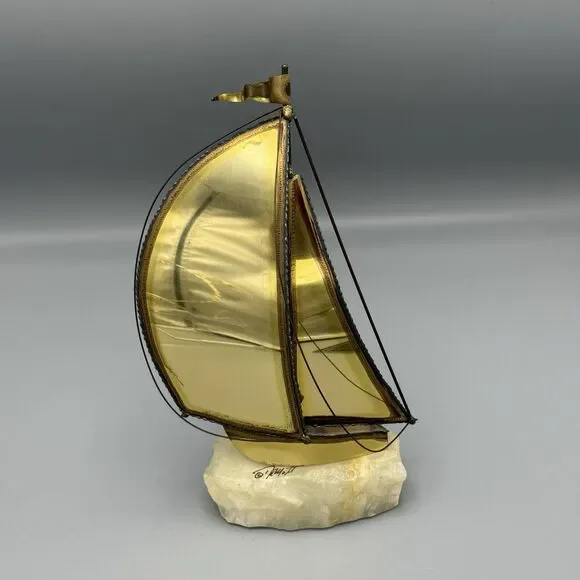 Vtg Brass DeMott Sailboat Maritime Nautical Regatta Sculpture Quartz Base 9.25